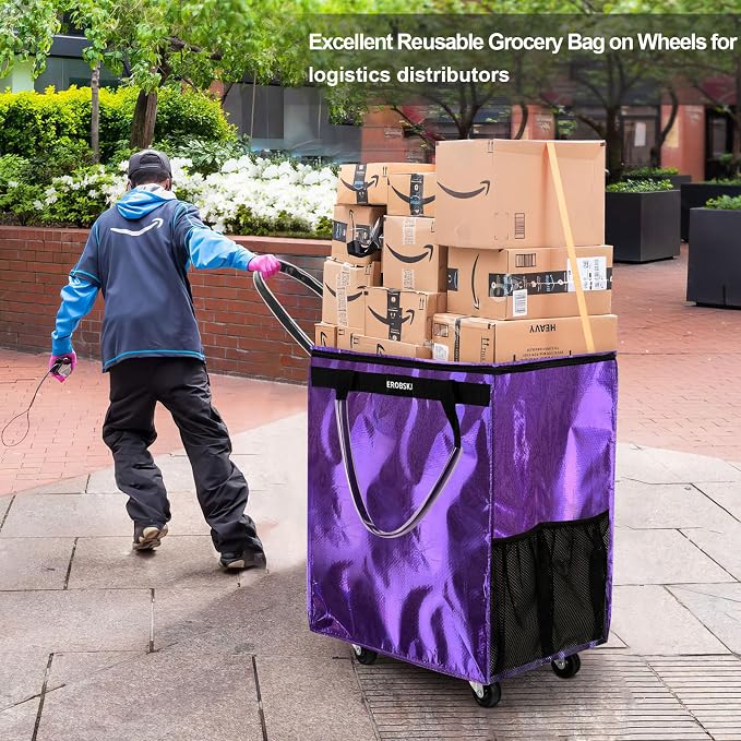(Medium, Light Purple) Reusable Grocery Bag on Wheels, 70L Foldable Rolling Tote, Carries Up to 66 lbs Shopping Trolley, Zipper Clouser Shopping Carts for Trips, Laundry, Camping, Moving