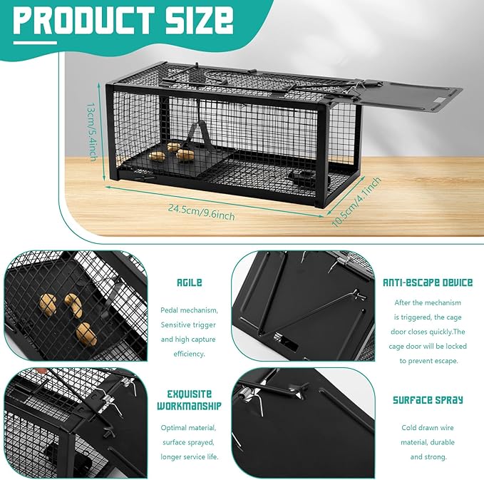 Qualirey 2 Pcs Live Rat Trap Humane Mouse Trap Mice Rat Cage Work for Small Animal Indoor and Outdoor Mouse Voles Hamsters Catch and Release(Black)
