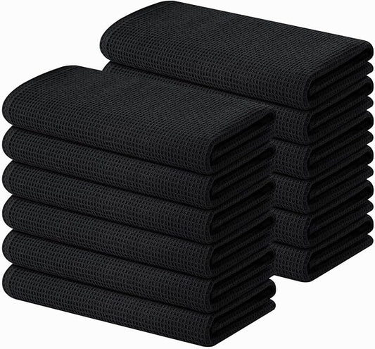 Homaxy 100% Cotton Waffle Weave Kitchen Towels - 12 Pack Soft and Absorbent Dish Towels - 16 x 26 Inches Quick Dry Hand Towels - Black