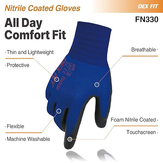 DEX FIT Nitrile Work Gloves FN330, 3D-Comfort Stretchy Fit, Firm Grip, Thin & Lightweight, Touch-Screen Compatible, Durable, Breathable & Cool, Machine Washable; Blue M (8) 3 Pairs