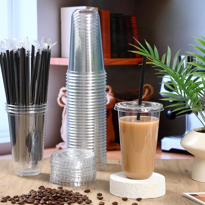 Ziliny 100 Set Clear Plastic Cups with Lids and Straws, Disposable Iced Coffee PET Cups for Drinking Cold Beverage Juice Parfait Smoothie Milkshake Coffee Shops Party Supplies (18 oz)