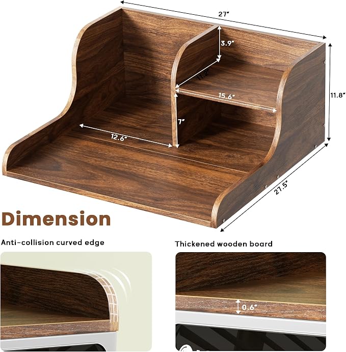 DTK Washer Dryer Countertop with Shelf,27.5" D x 27" W x 11.8" H Wood Countertop for Washer and Dryer,Laundry Countertop with Anti-Slip Strips and Edge Rails,Dryer Countertop for Laundry Room(Walnut)