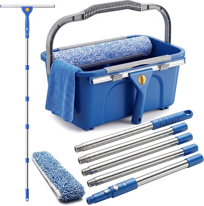 Window Cleaning Kit with Bucket, Window Squeegee and Microfiber Scrubber, 76-Inch Extension Pole Window Washer Set for Glass Doors, Shower Doors, Mirrors and Car Windows
