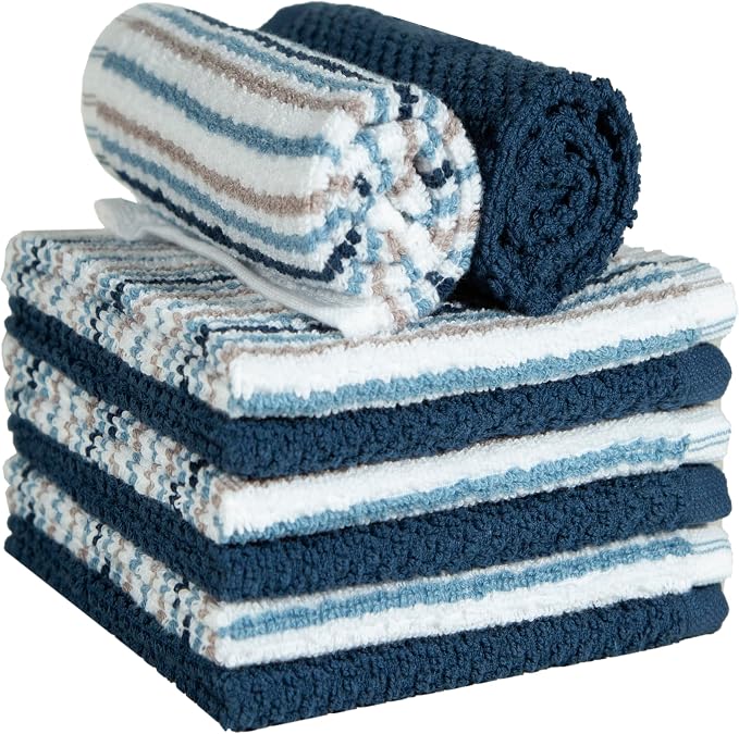 Bumble Premium Dish Cloths Towel 12"x12" | 100% Natural Ring Spun Cotton Tea Towel Set | 430 GSM | Highly Absorbent & Soft Dish Towels | 8 Pack - 4 Popcorn Striped & 4 Solid Kitchen Towels - Blue