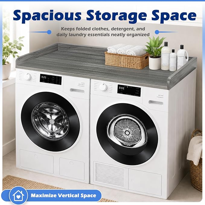 ROYXEN Washer Dryer Countertop, Laundry Countertop Solid Wood, Countertop for All Front-Loaded Washing Machine and Dryer, Extra Room for Laundry Room, Eucalytus