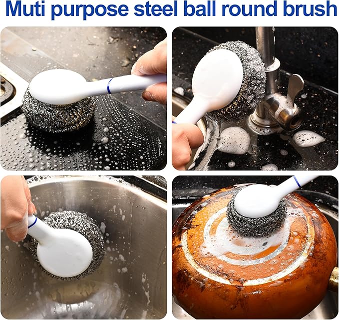 Kitchen Cleaning kit, 3 Pairs Reusable Waterproof Household Dishwashing Cleaning Gloves, 6 PCS Steel Wool Scrubbers with Handle, 5 PCS Crevice Cleaning Brush Set.