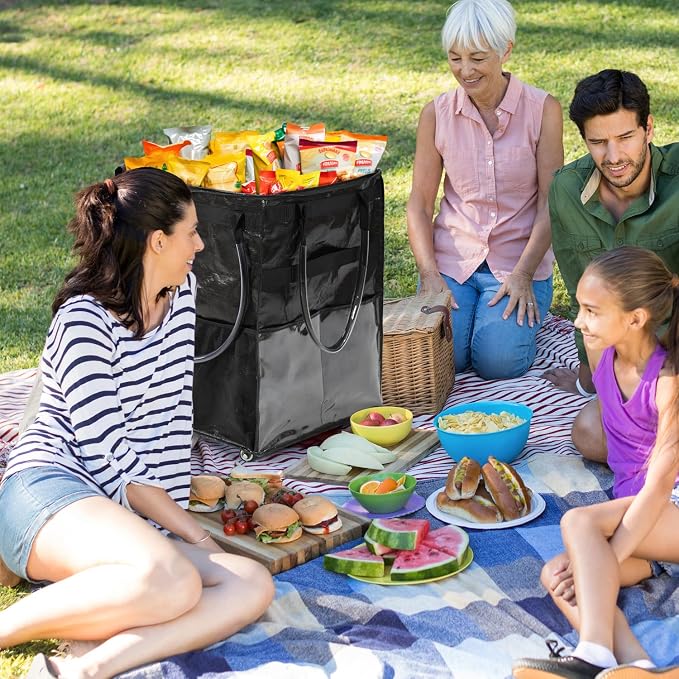 Reusable Grocery Bag On Wheels Large Capacity Shopping Trolley Foldable Rolling Tote with Outside Pocket, Heavy Duty Handle (Black, Large)
