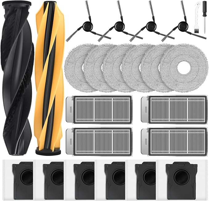 24Pcs Replacement Parts for Dreame X50 Ultra/L50 Ultra/Matrix10 ultra/L40s Pro Ultra/Mova V50 Ultra Robot, 2Main Brushes, 4Filters, 4Side Brushes, 6Mop Pads, 6Dust Bags, 1Cleaning Hook & 1Screwdriver
