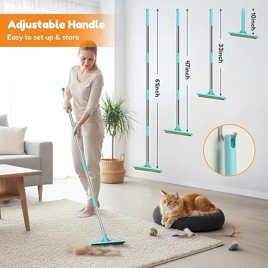 3-in-1 Carpet Rake for Pet Hair Removal, Upgraded Rug Scraper with 61" Thickened Handle & 10" Handheld Grip, Dual-Metal Edge Dog Hair Remover for Carpet, Couch, Furniture & Car