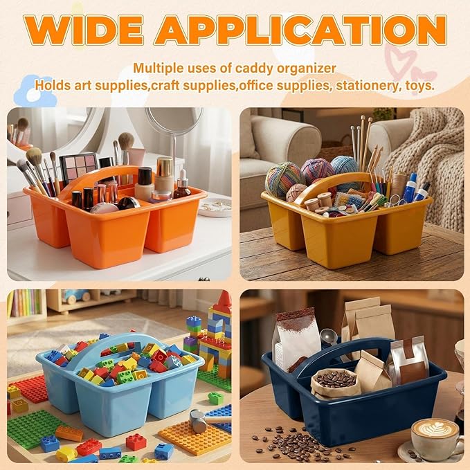 Kathfly 4 Pack Caddy Organizer with Handle, Stackable Organization Storage, Small Plastic Basket Classroom Caddy for Table Desk Office Pencil Kids Room Craft Art Teacher School Supplies (Blue Orange)