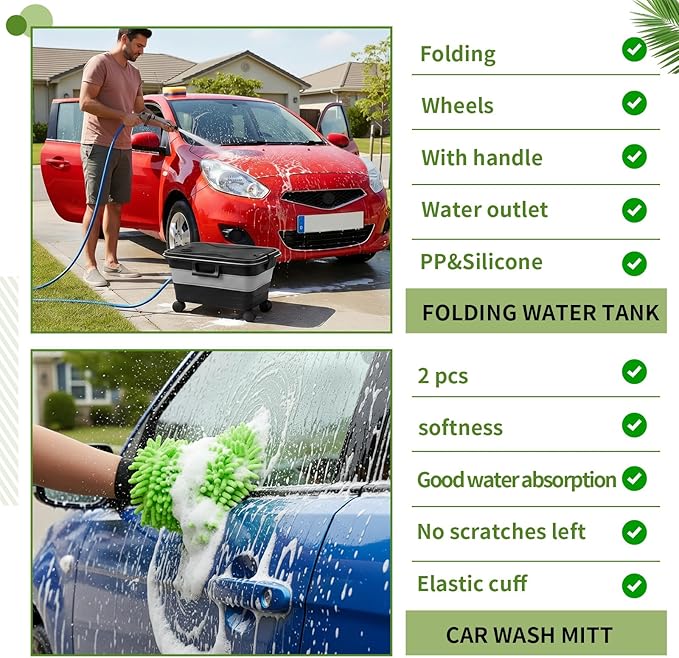 Maxdot Car Wash Bucket with Wheels Lid and Handle, 5.5 Gallon Collapsible Rolling Wash Bucket with 2 Microfiber Mitts for Car Cleaning, Camping, Rv & Pet Bathing