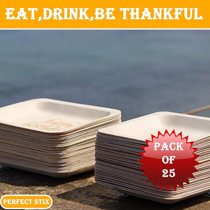 Perfect Stix - Perfectware 10-Eat,Drink,be Thankful-25 10" Disposable Wooden Plates with Thanksgiving Theme Print"Eat, Drink, and be Thankful" - Pack of 25ct