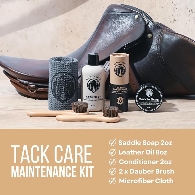 Rhino Wax - Horse Tack Kit - Includes: Saddle Soap for Leather & Conditioner - Leather Oil - Brushes - Cloth. Horse Supplies for Saddles, Bridles, Boots, Reins - Proudly Made in the USA (Not China)