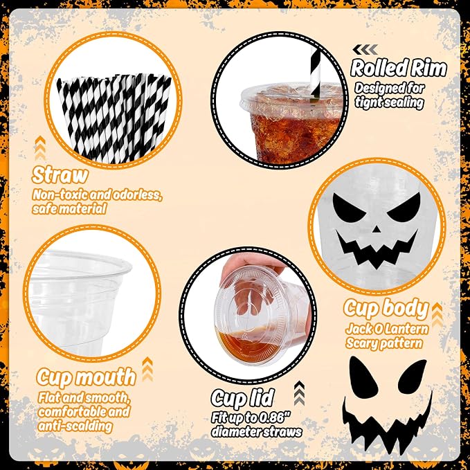 Whaline 60Pcs Halloween Disposable Plastic Cups with Lids and Straws 12oz Jack-O-Lantern Pumpkin Cold Beverage Drinking Cups Scary Printed Party Cup for Trick or Treat Party Supplies