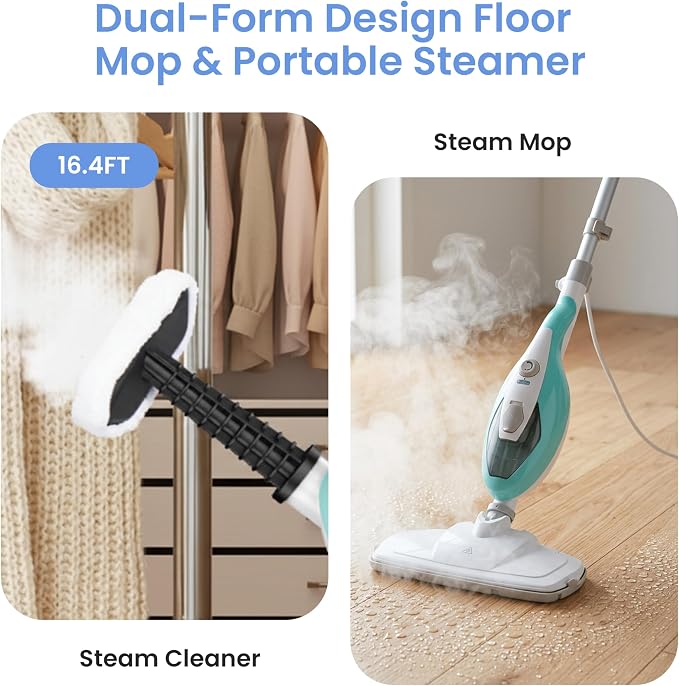 Simple Deluxe 10-in-1 Steam Mop, 1550W Detachable Handheld Steam Cleaner with 16FT Cord & 2 Pads, Multi-Surface Floor Steamer for Hardwood, Tile, Carpet, Windows, Green