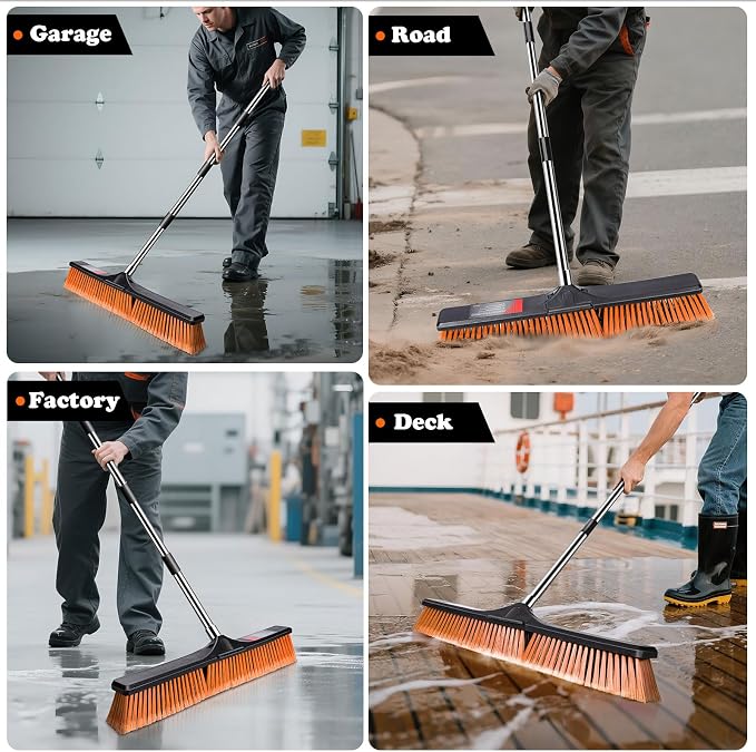 MASTERTOP 24" Heavy Duty Push Broom with Ultra-Sturdy Adjustable Handle, 6-Layer Stiff Bristles Garden Yard Broom, Outdoor Sweeping Brush for Garage, Patio, Driveway, Warehouse, Deck, Tile & Concrete
