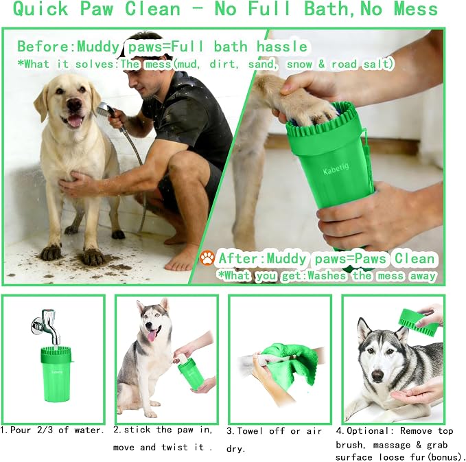 Paw Cleaner for Small/Medium Dogs - Grabs Loose Fur with Top Brush | Clean muddy paws fast. Attached top brush grabs loose fur. No extra tools. Comes with bath brush & 3 towels. Less fur. Green