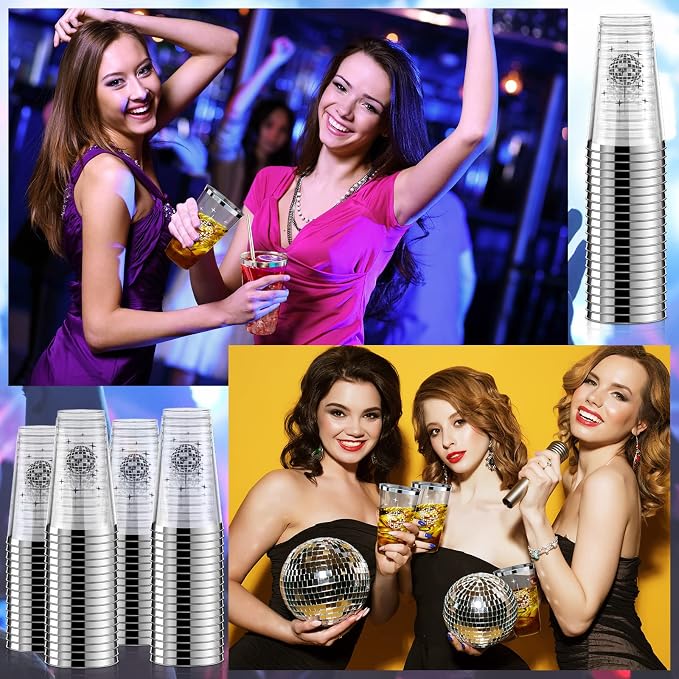 Funtery Disco Ball Cups Bulk 16oz Disposable Disco Plastic Cups Supplies 70s 80s 90s Party Hot and Cold Drinks for Bachelorette Wedding Picnic Supplies(100 Pcs)