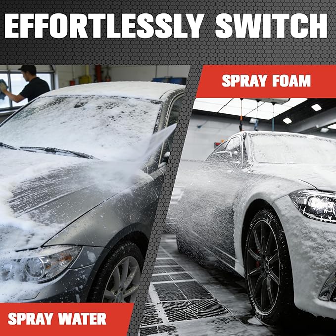 Pressure Washer Foam Cannon Attachment, No Spray Gun Included, One-Button Switch Between Foam & Water, 1/4" Quick Connect, 1L Foam Cannon with Dual-Connector, 5 Spray Nozzles for 1000-4000 PSI