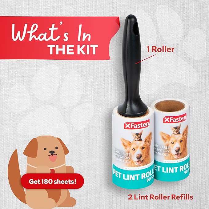 XFasten Pet Hair Lint Rollers for Pet Hair Extra Sticky (180 Sheets/ 2 Lint Roller Refills /1 Pet Hair Roller) Cat and Dog Hair Roller, Sticky Lint Roller for Clothes, Pet Hair Removal Tool