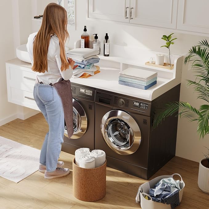 2-Tier Washer Dryer Countertop with 2.75"H Edge Rails, 54" W x 27.55" D Laundry Countertop for Folding Clothes, Washer and Dryer Topper with Non-Slip Pad (White)