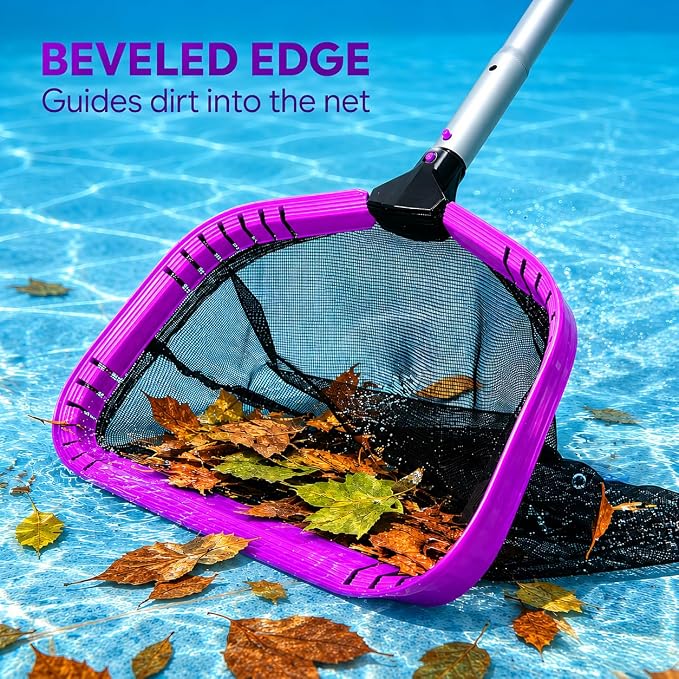 All-in-One Swimming Pool Cleaning Kit, Heavy Duty Deep Leaf Skimmer Net with Pool Brush Head, Adjustable Pole, Pool Cleaning Set for Inground/Above Ground Pools and Ponds, Purple