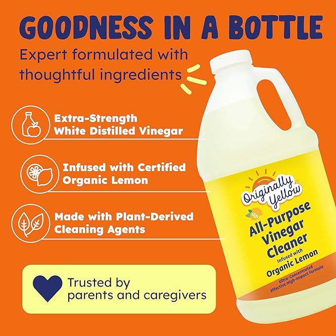 Originally Yellow Lemon Vinegar For Cleaning Purpose | USA Made All Purpose Cleaner | Use as a Floor, Glass, Kitchen, & Bathroom Cleaner | Plant Derived Vinegar Half Gallon | 64 Oz