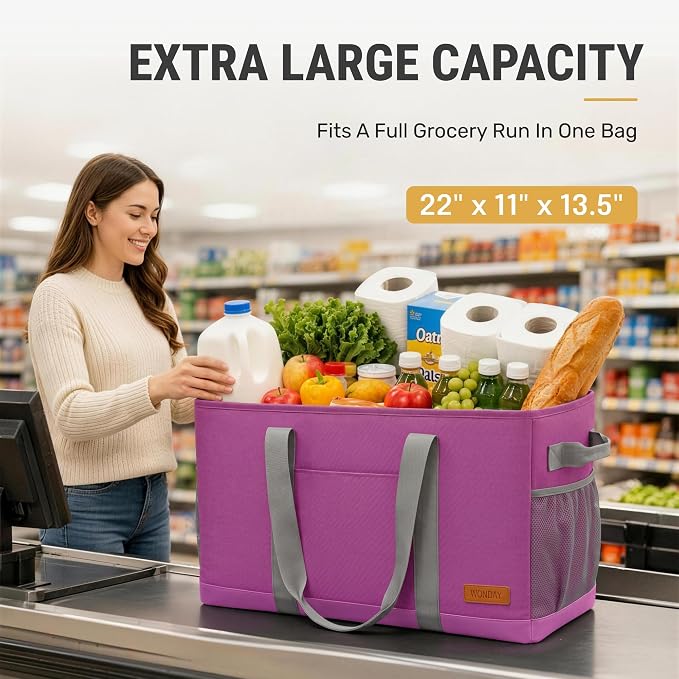 WONDAY Extra Large Utility Tote Bag - Standing Reusable Grocery Bag with Handle, Collapsible Storage for Shopping, Beach