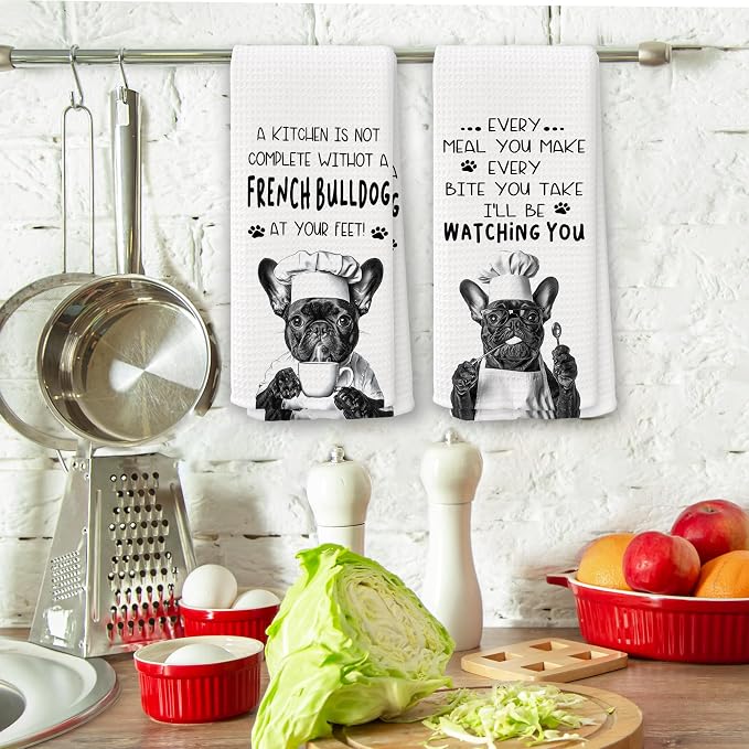 Funny French Bulldog Dog Kitchen Towels 16x24 Inch Set of 2 | French Bulldog Lovers Gifts for Women Men Dish Tea Towels for Kitchen, Dog Lover Mom Dad Owner Gifts Decorative Hand Towel