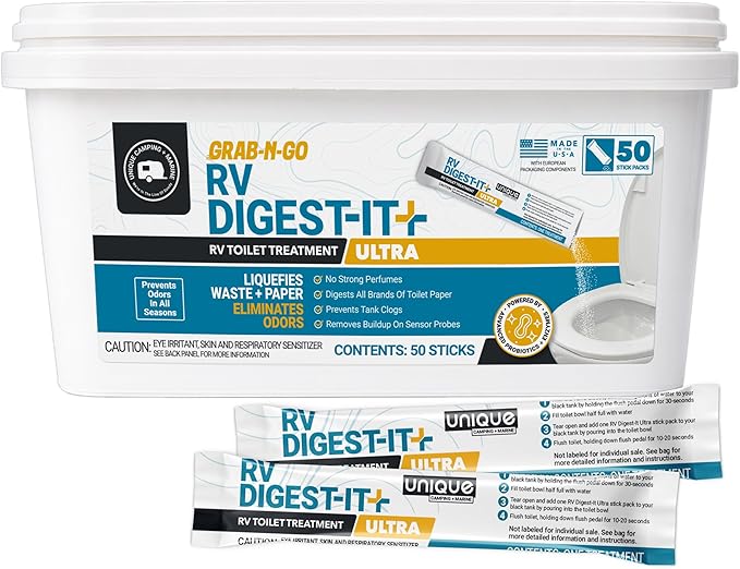 Unique RV Digest-It Ultra Stick Pack, 50 Count, Extra-Strength RV Toilet Treatment, No-Mess, Pre-Measured, Grab-n-Go Bio-Enzymatic Black Tank Treatment, Eliminates Odor and Prevents Clogs