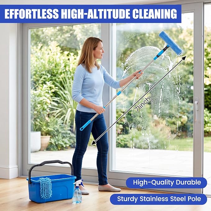 Window Cleaning Kit with Bucket 71" Long Handle 4-in-1 Rotatable Window Squeegee and Microfiber Scrubber Pads High Windows Washing Tool for Commercial Home Outdoor Car