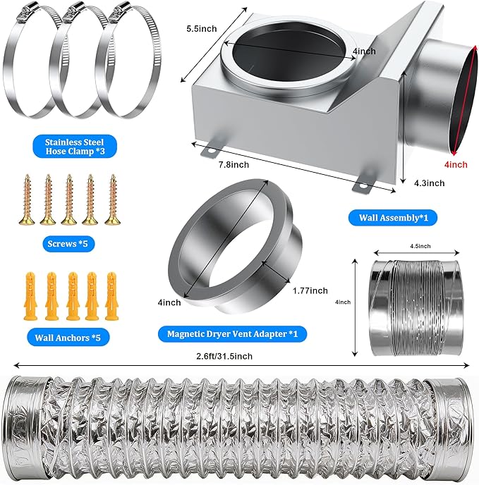 Magnetic Dryer Vent Coupler 90 Degree Elbow, Strong Magnetic Self-Connection Dryer Vent Connector Kit, Stainless Steel Airtight Seal for Dryer Venting, Includes 2.6ft 4IN Duct & Clamps