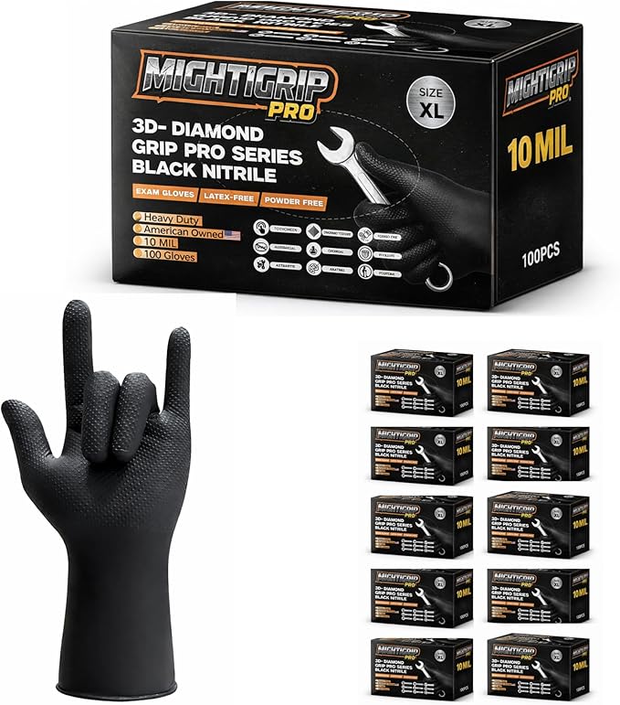 10 Mil Heavy-Duty Black Nitrile Gloves, Diamond Grip, Mechanic Grade, Latex & Powder Free, 1000 Count Bulk