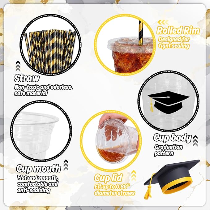 Whaline 50Pcs 12Oz Graduation Disposable Plastic Cups with Lids and Straws Black Graduation Cap Cold Beverage Drinking Cups for Congrats Grad Party Supplies