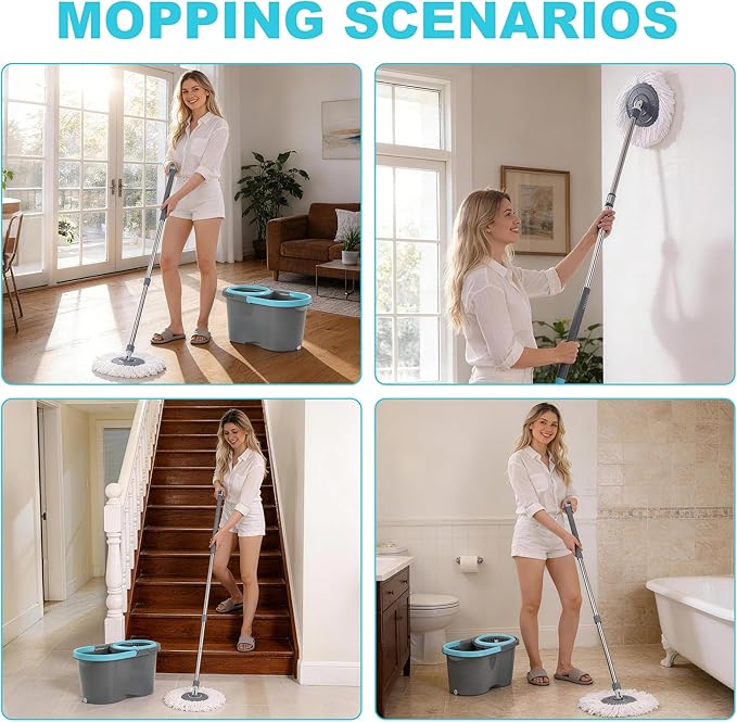 JOYMOOP Spin Mop and Bucket with Wash and Wringer Set, 360° Mop Head & Telescopic Handle, 6 Reusable Microfiber Pads, Wet and Dry Use, Hands-Free Cleaning for Hardwood, Tile, Laminate Floors & Walls