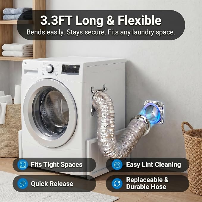DV180 Magnetic Dryer Vent Kit, Prevent Lint Fires, Saves 4-6" Space, Self-Aligning Quick-Release, 4" x 3.3ft Aluminum Duct, Airtight Tool-Free Cleaning for Safe Low-Lint Ventilation (Sliver)