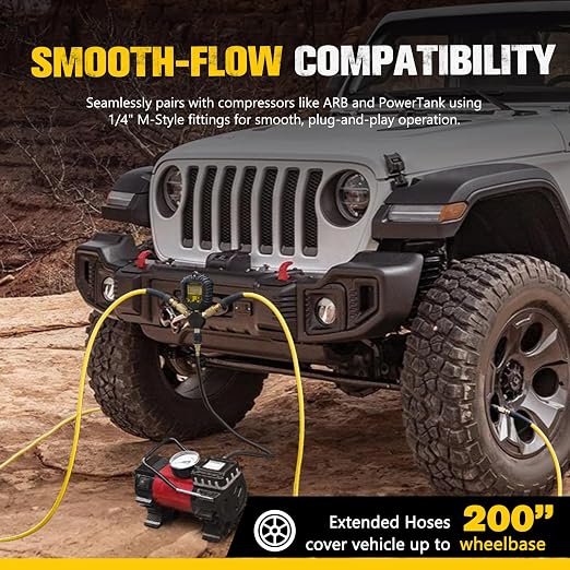 BUNKER INDUST 4 Tire Inflation Deflation System, Rapid High-Flow Air Up Down Kit with Digital Tire Pressure Gauge, 4 Wheels Off Road Tire Deflator Inflate-Up to 200" Wheelbase