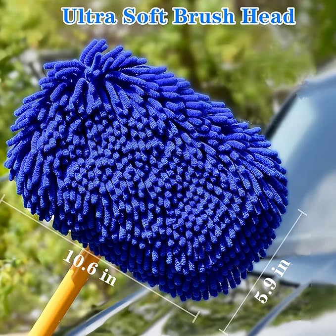 43'' Car Wash Brush with Long Handle Chenille Microfiber Car Wash Kit Mitt Retractable Bent Pole Car Wash Mop for Cars RV Truck Boat (Blue-1)