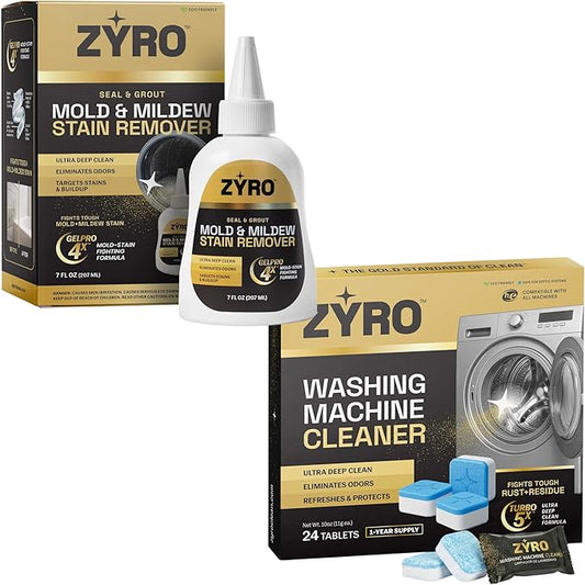 Zyro Washing Machine Cleaner & Mold Stain Remover Gel Bundle | 24 Pack Washer Cleaner Tablets + Heavy Duty Mildew & Grout Cleaning Gel