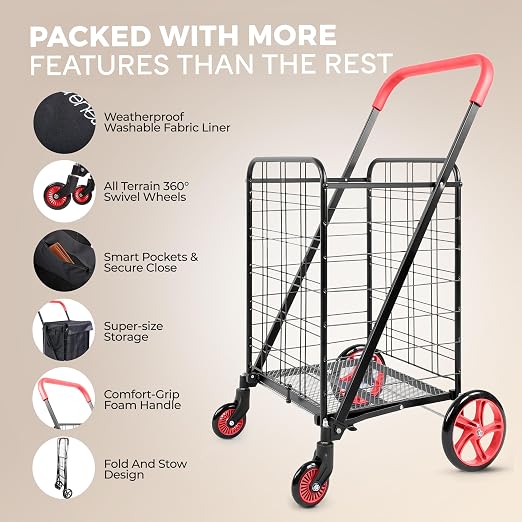 SereneLife Large Folding Utility Shopping Cart with Removable Liner – Heavy Duty, 360° Swivel Wheels, 110 lb Capacity, Portable for Groceries, Laundry, Luggage, and More (Red)