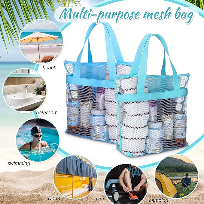 20 Pcs Mesh Shower Caddy Bags Portable Mesh Beach Bags Bulk with Zipper & 2 Pockets Hanging Toiletry and Bath Organizer for Gym Swimming Travel Camping College Dorms Beach (Macaron Color)