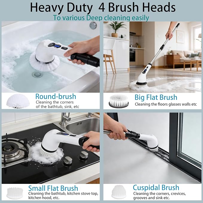 Electric Spin Scrubber Shower Cleaner Brush Cordless Power Cleaning 8 Brush Heads Extendable Handle 3 Adjustable 2 Speeds IPX7 Waterproof for Bathroom Kitchen