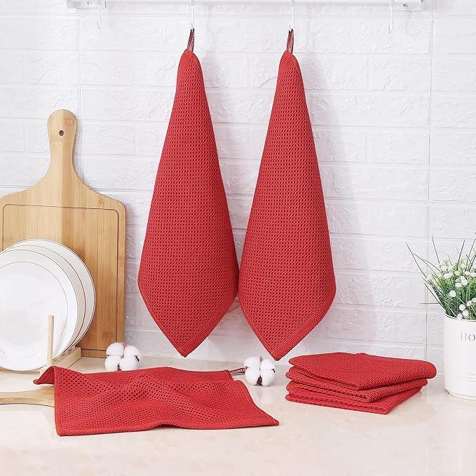 Kitinjoy 100% Cotton Kitchen Dish Cloths (12 X 12 Inches, Brick Red), 6 Pack Waffle Weave Ultra Soft Absorbent Dish Towels for Drying Dishes Quick Drying Kitchen Towels Dish Rags