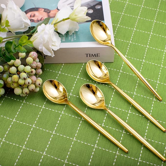 U-QE 180Pcs Gold Plastic Spoons, Disposable Heavy Duty Plastic Spoons, Heavyweight Plastic Spoons, Gold Plastic Silverware Perfect For Parties, Weddings and Other Daily Events