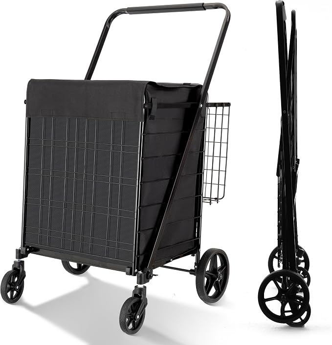 BIEAMA Folding Shopping Cart with Waterproof Liner, Grocery Cart 400 Lb | Utility Cart with Large Bag, Top Cover, 360 Rolling Swivel Wheels, Extra Basket