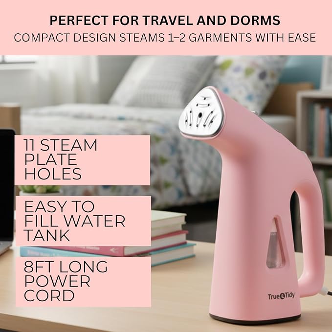 True & Tidy Compact Handheld Garment Steamer for Clothes, Travel Steamer with Stainless Steel Nozzle, 800 watts, Pink