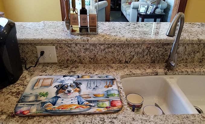 Caroline's Treasures DAC6193DDM Australian Shepherd The Chef Dish Drying Mat Absorbent Dish Drying Mat Pad for Kitchen Counter Dish Drainer Mat for Countertop, 14 x 21", Multicolor