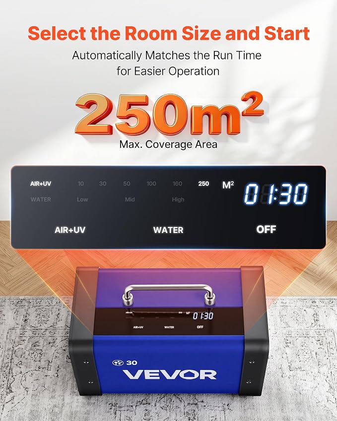VEVOR Ozone Generator, 30000mg/h Commercial Ozone Machine, with 15s Delayed Start & Dual-Hose Water Mode & LCD Touchscreen, Industrial Deodorizer for Car, Smoke, Home Odors, Up to 2700 sq.ft