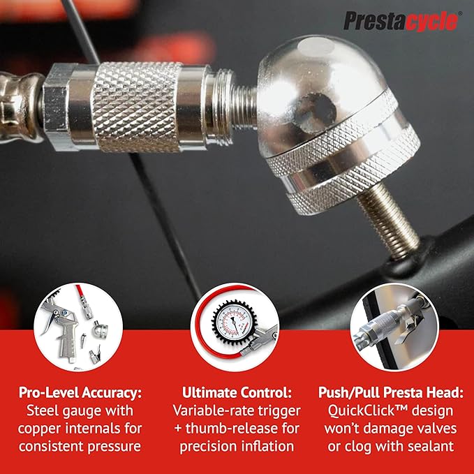 Prestaflator Bike Tire Inflator, Presta & Schrader Valve Air Compressor Tool – Works with Tubeless & Standard Tires – Bike & Car Air Compressor Tire Inflator for MTB & Road Bikes
