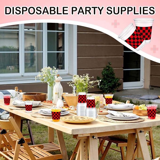 Qinyoung Checkered Plastic Cups 12oz Gingham Party Disposable Cups Bulk Drinking Cup for Cold Drinks Baby Shower Wedding Summer Birthday Party Supplies(Red and Black,50 Pcs)